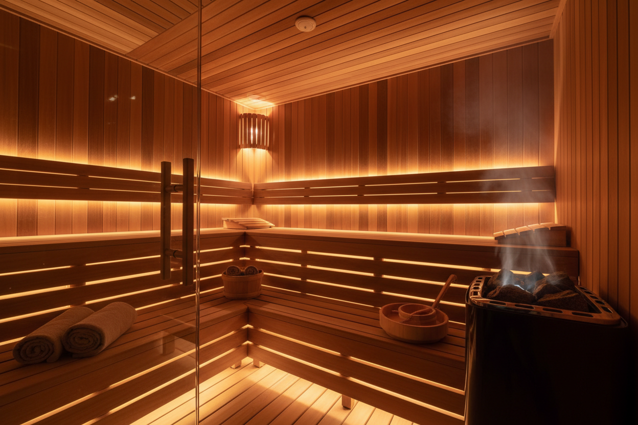 generate a sauna image for my storefront picture, that makes people hooked and want them to buy and builds trust