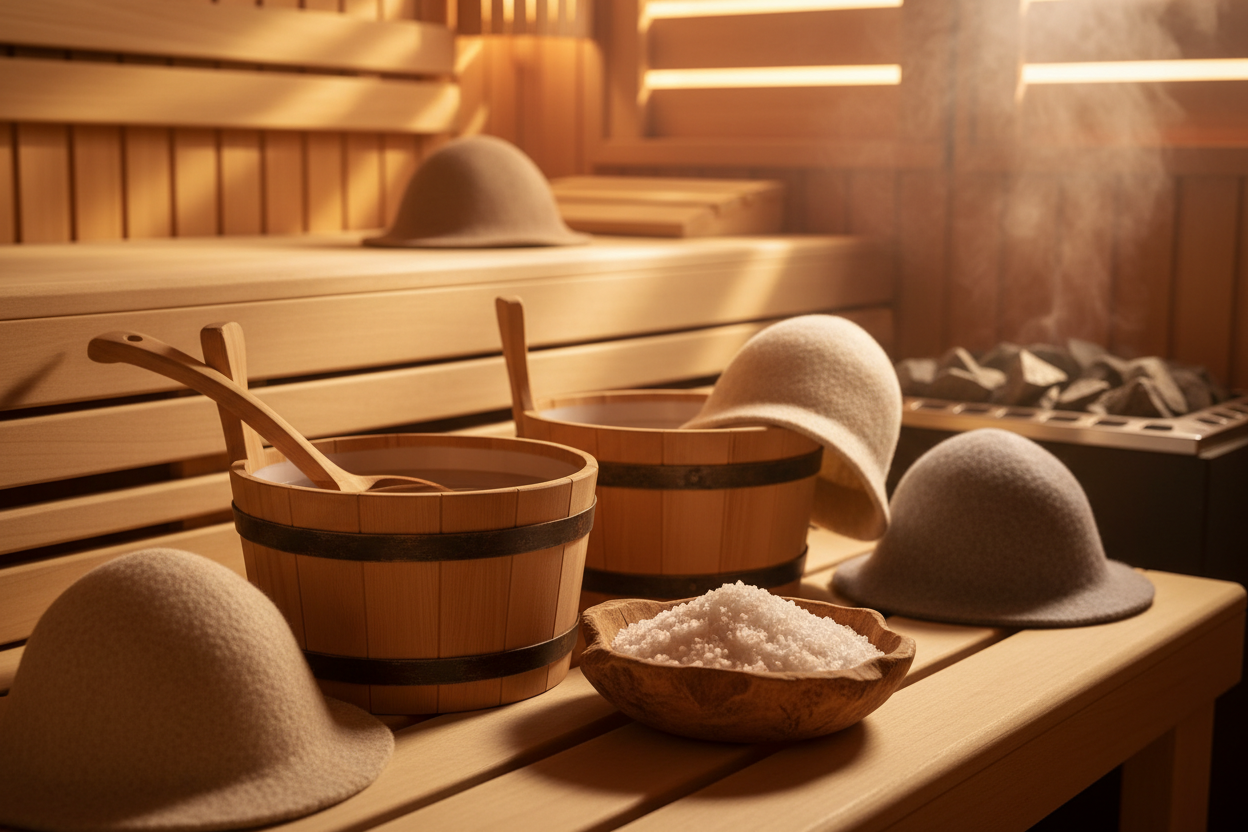 make a picture of saunabuckets, salt and saunahats